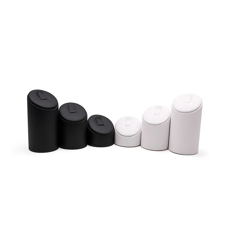 Wholesale Black White PU Leather Low/High Cylindrical Jewellery Ring Holder Stand