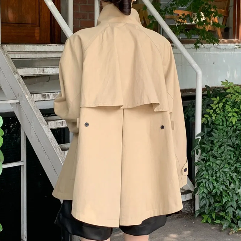Wholesale 2022 Korean Chic Autumn Retro British Style Stand-up Collar Cloak Design Loose Long-sleeved Short Trench Coat