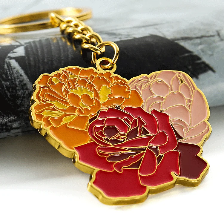 New selected factory quality gold plated soft enamel keyring custom cute flower metal keychains with logo