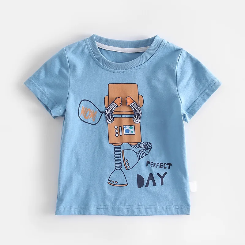 2023 New Summer Toddler Kid Boy Cotton Blue White Cute Print Short Shirt 1-6 Years