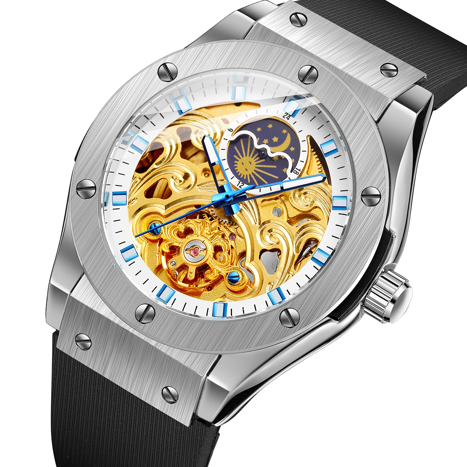 FORSING Top Luxury Brand Men Automatic Mechanical Watch Golden Metal Series 3D Skeleton Dial Moon Phase Male Wrist Watches