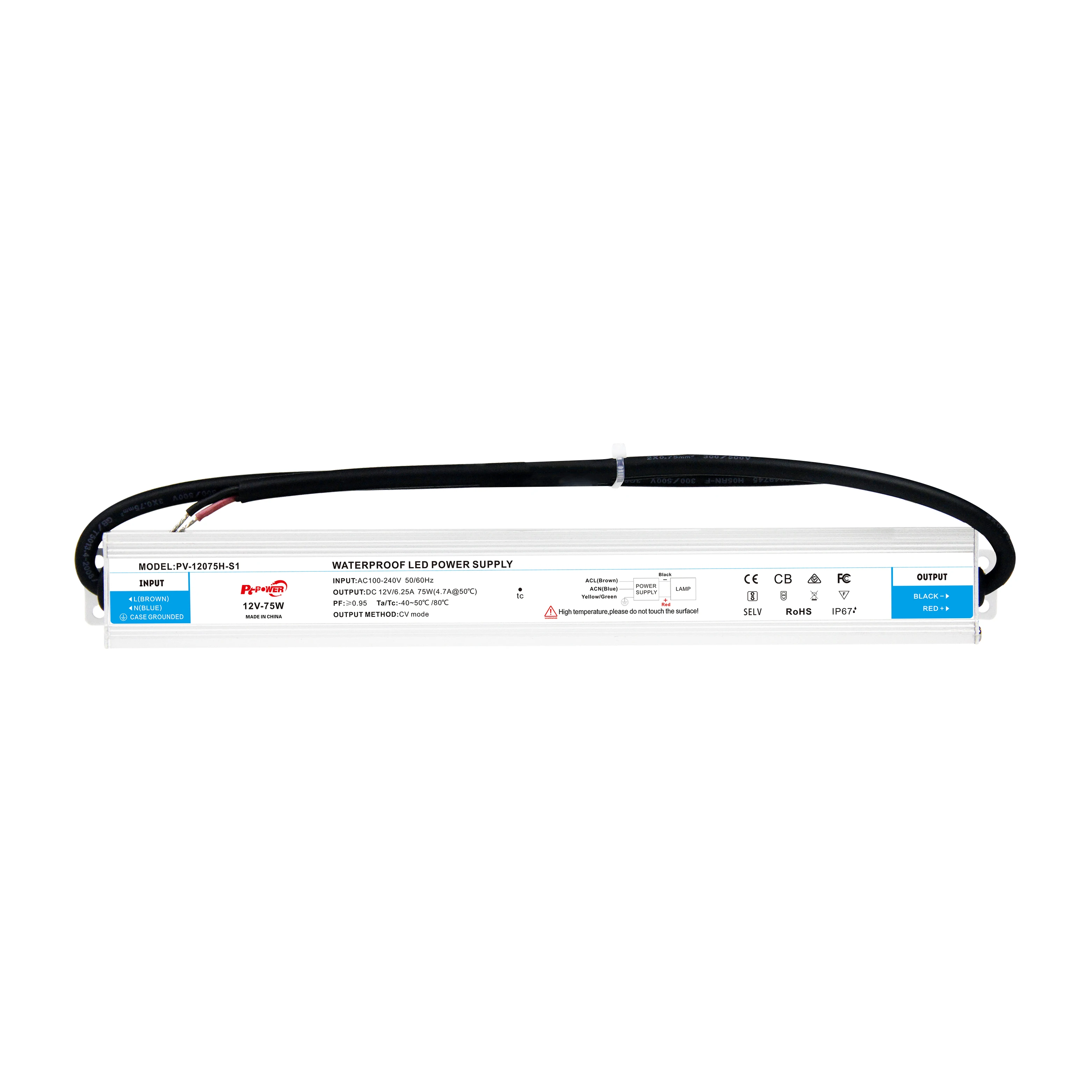 Тонкий водонепроницаемый IP67 PFC 36W 75W 100W Вход 100-240V AC to DC Оптовая цена 12V 24V Светодиодный драйвер для светодиодной ленты