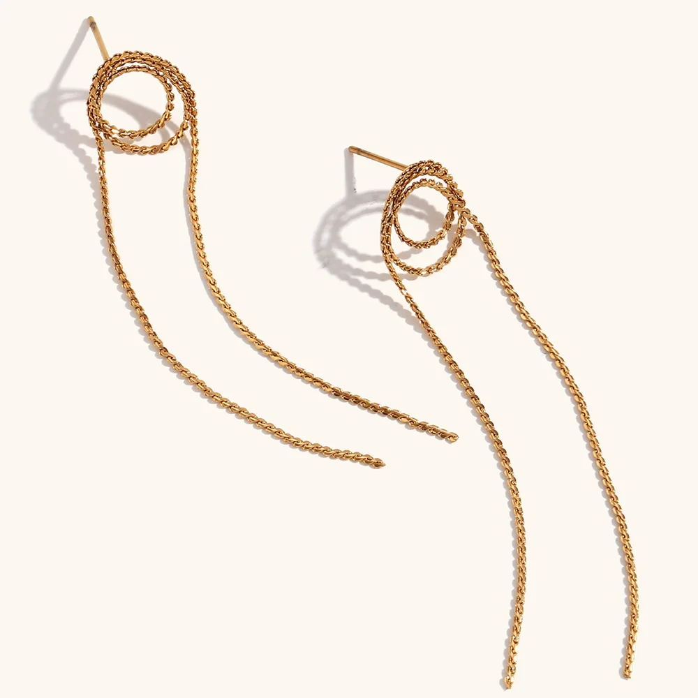 Fashion Stainless Steel Twisted Chain Long Tassel Fringe Earrings 18K Gold Plated Metal Unusual Drop Earrings For Women