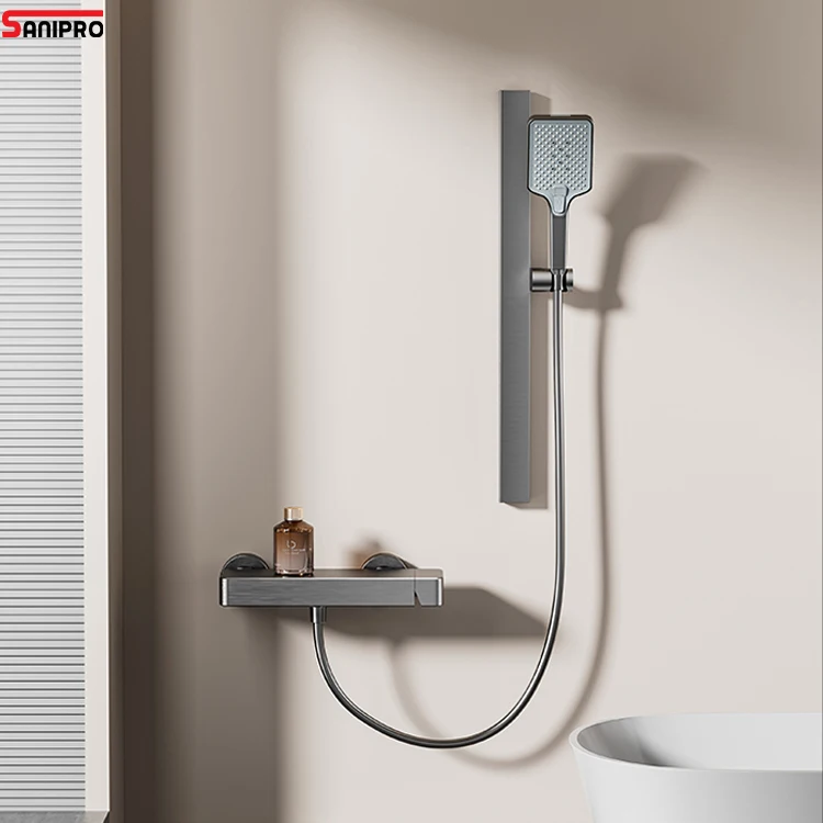 SANIPRO Large Shower Storage Shelf Design Hot Cold Mixer 4 Modes Bathroom Bath Tub Space Aluminum Minimalist Shower Set