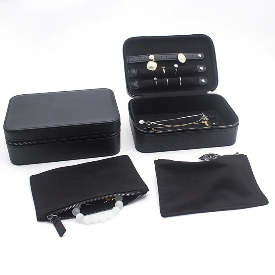 Custom Black PU Leather Travel Jewelry Accessories Storage Case Portable Jewellery Box Organizer