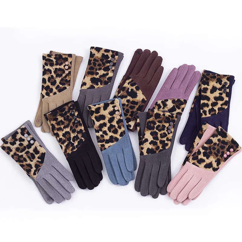Winter Warm Inner Fleece Leopard Print Outdoor Windproof Cycling Women Gloves Beauty Glove Scarf Hat Glove Sets