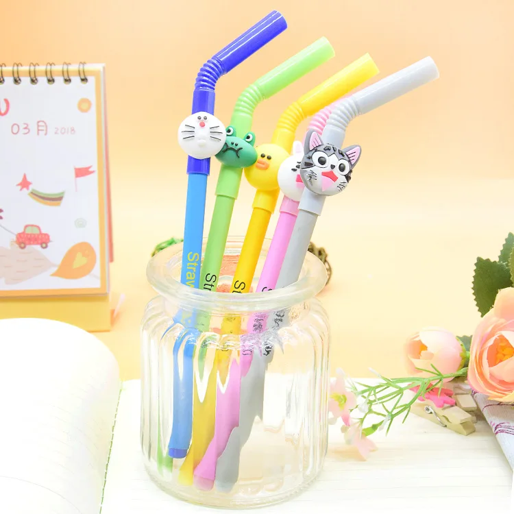 Creative Cartoon Straw Shape Cute Gel Pen Student Retractable Gel Pen 0.5mm Black Ink