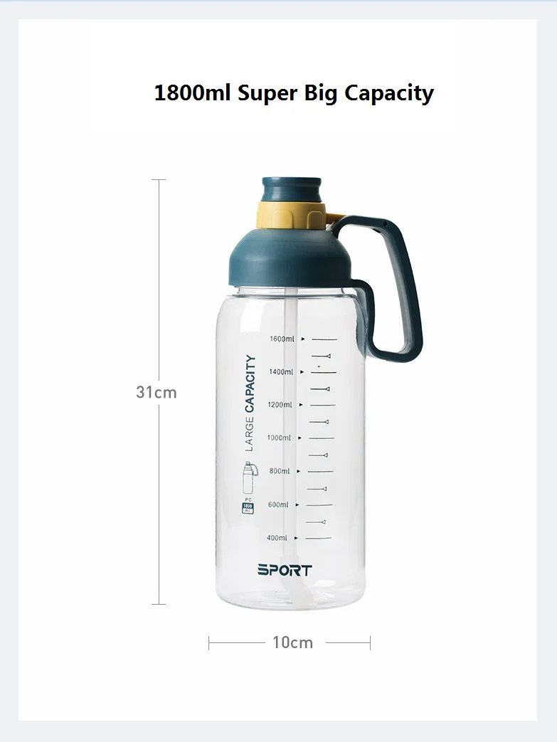 1.8L питьевые спортивные бутылки для спортзала 2021 amazon Лидер продаж многоразовые мотивационные весы прозрачная пластиковая бутылка воды с соломой