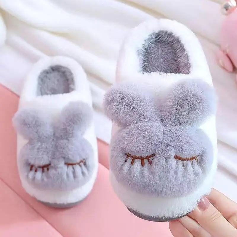 Wholesale Fashion Cute Animal Style Rabbit Fluffy Warm Unisex Anti Slip Soft Kids Slippers For Winter Indoor House Home