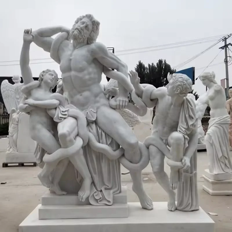 Famous Greek Sculpture Hand Carved White Marble Laocoon and His Son Statue