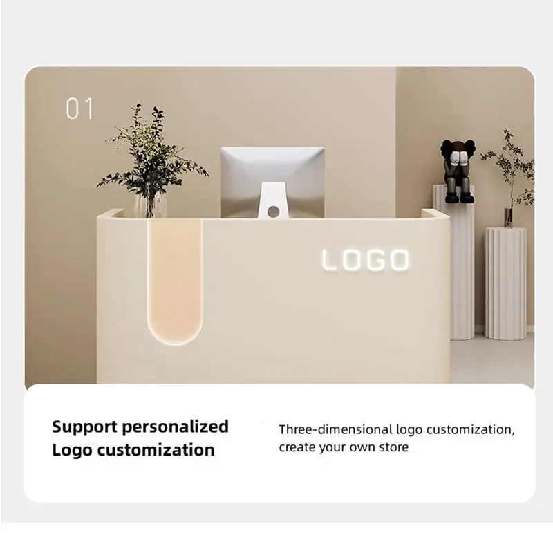 Free logo Outfit Shop Office Small Counter Wood Table Front Desk Modern Wood Corporate Front Desk Design