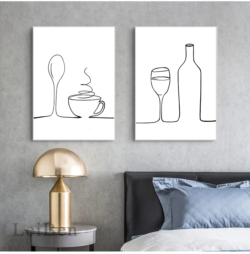 Home Decor Nordic kitchen Style Pictures Print Line Coffee Red Wine Knife Fork  wall art canvas poster painting decor