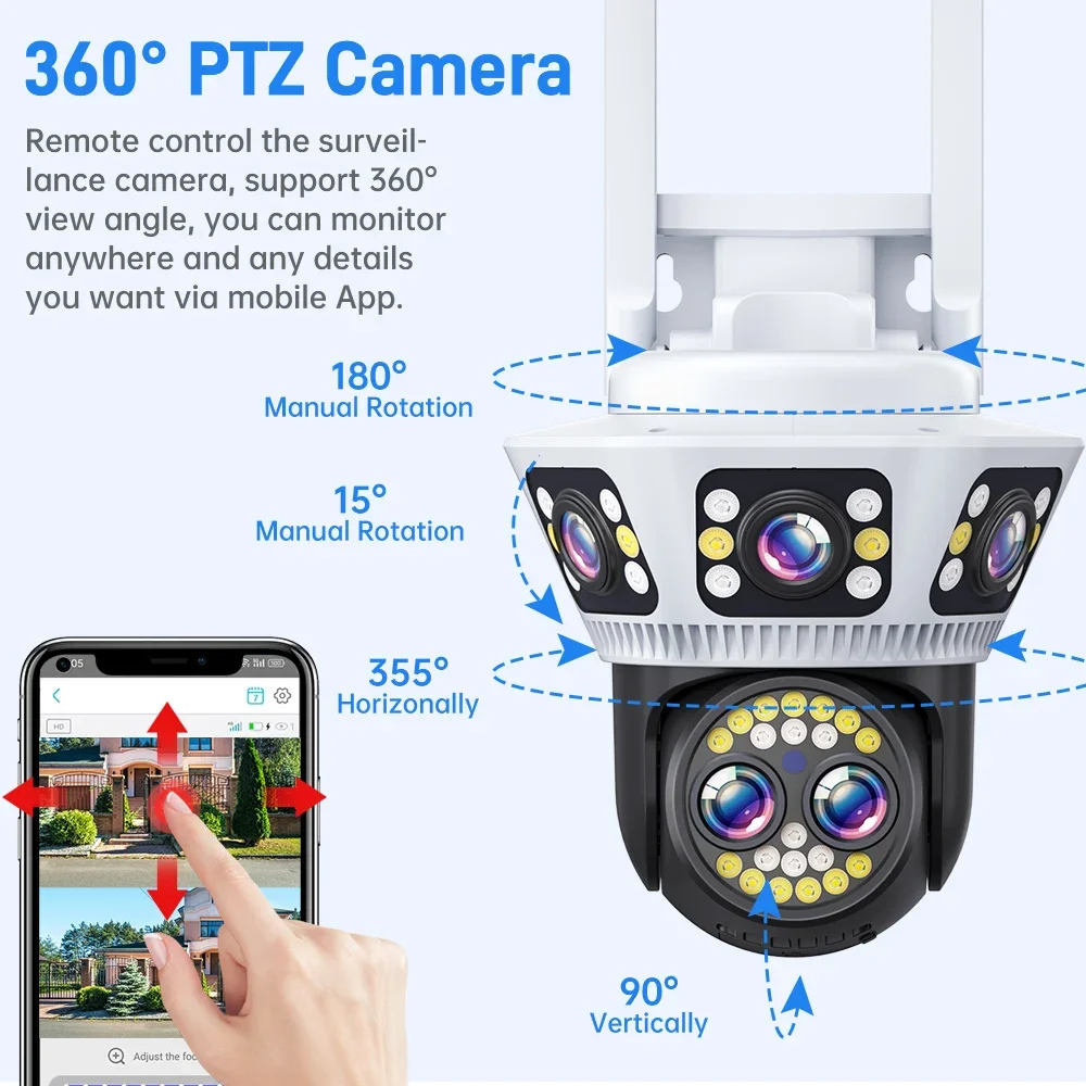 PTZ Security WiFi Camera Triple 3 Lens Surveillance IP Camera 10x Optical Zoom Waterproof Outdoor Home Wireless CCTV Wifi Camera