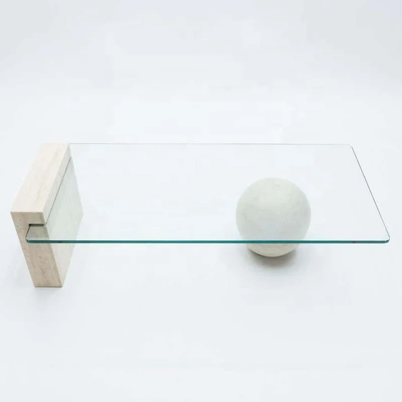 Italian minimalist natural stone tea table designer living room tempered glass small travertine coffee table