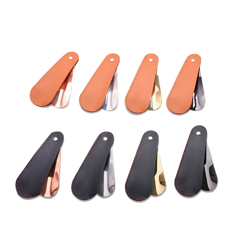 Portable Cowhide Stainless Steel Shoehorn Aged And Children Metal Leather Foldable Shoehorn