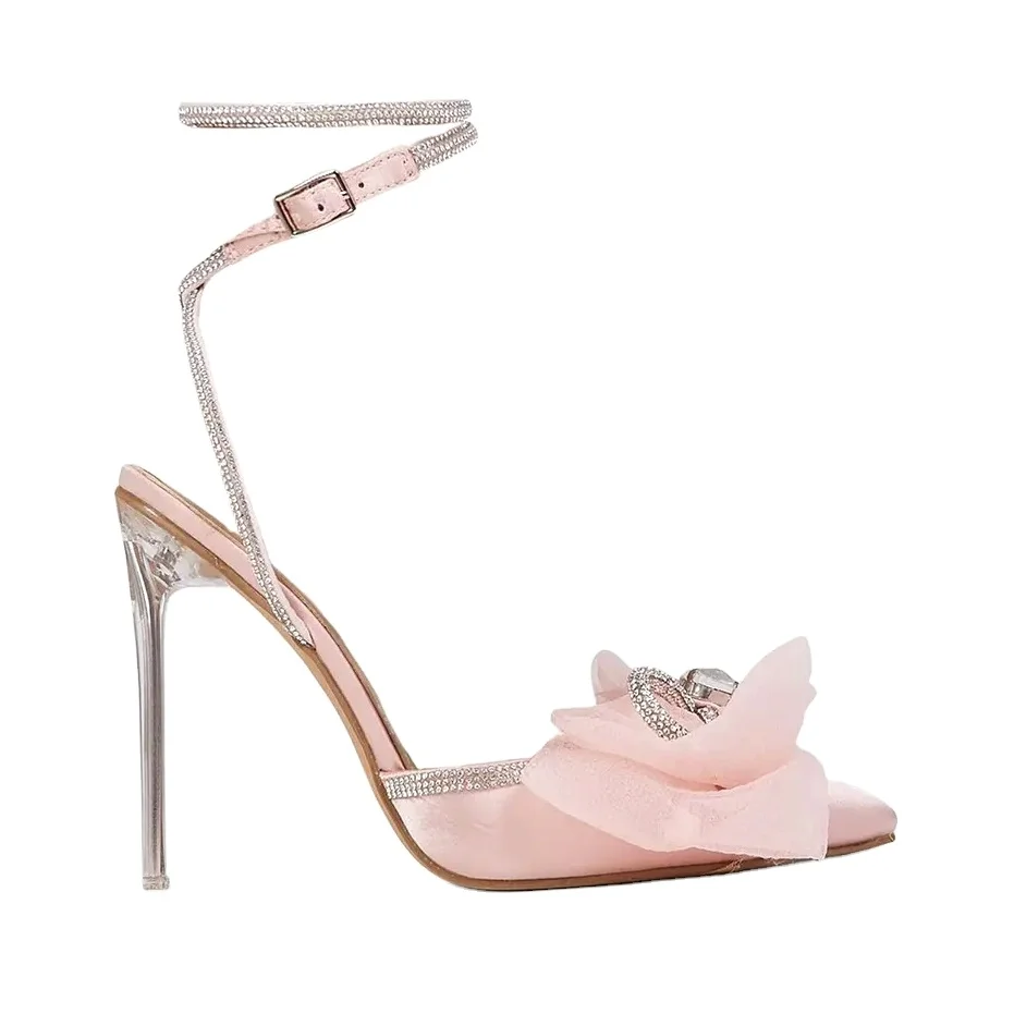 New Design Women Diamante Bow custom heels Shoes Clear Heel Satin Women Pumps