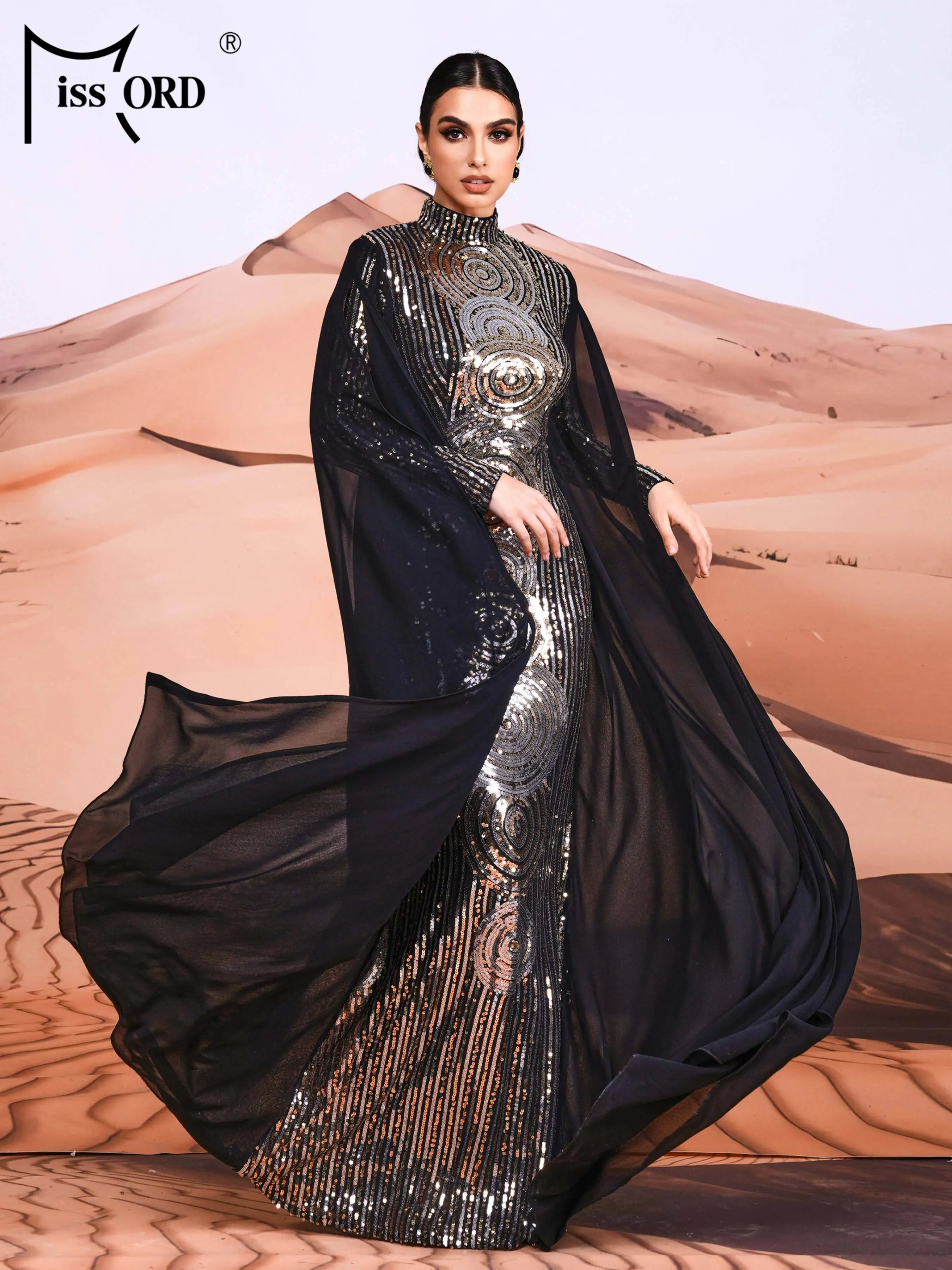 Stand Collar Long Cape Sleeve Maxi Sequin Hijab Arabic Istanbul Moroccan Turkish Dubai Muslim Modest Evening Dresses for Women