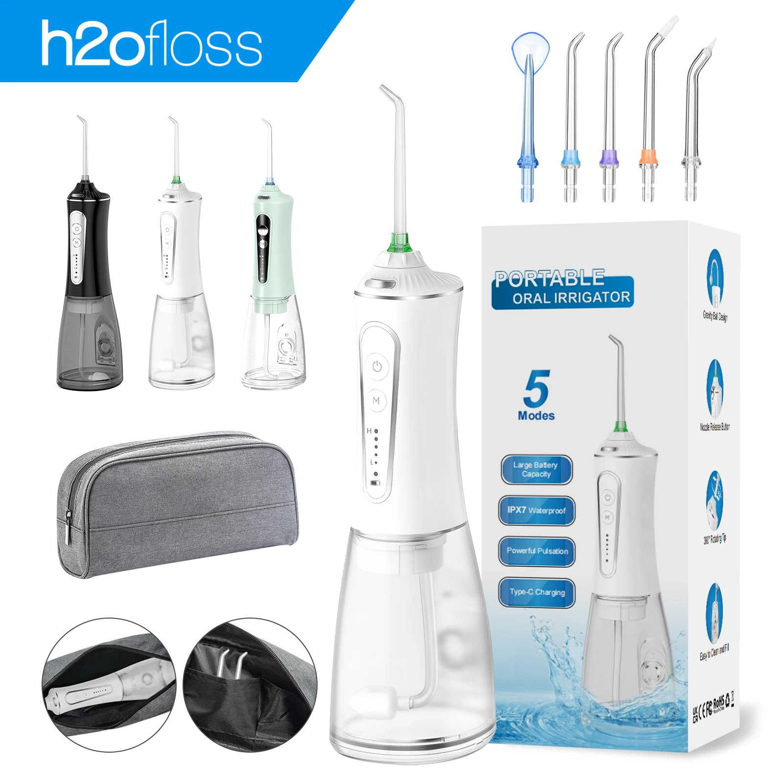 h2ofloss 2500mAh Portable Water Flosser  Electric  Oral Irrigator IPX7 Oral Irrigator Water Pick Type-C Tooth Cleaner