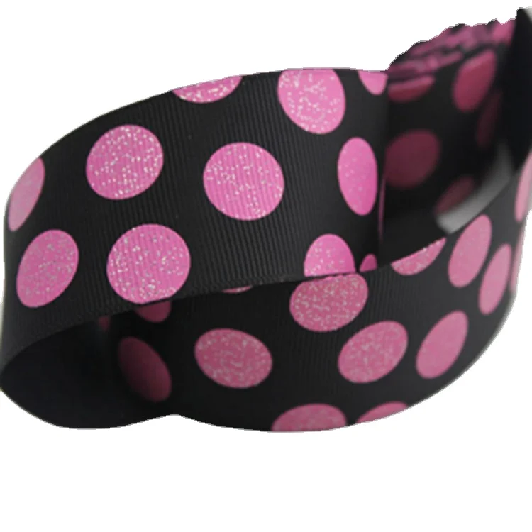 Glitter Dot Printing Ribbon Polyester Polka Dots Printed Grosgrain Ribbon