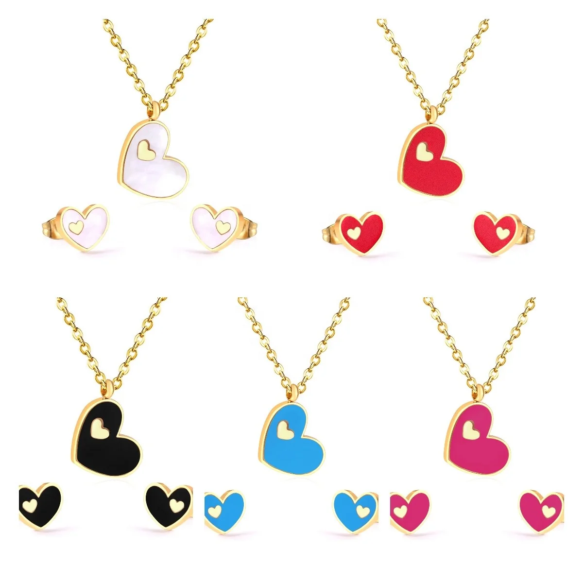 Fashion Jewelry Hot Sale Women Girl Non Tarnish 316l Stainless Steel Heart Gold Plated Jewelry Sets Custom Kid Jewelry Set