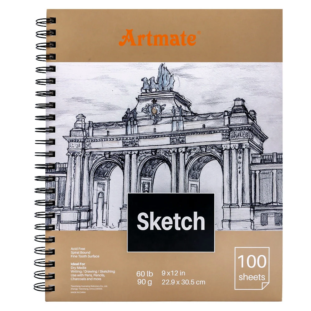 Бумага для набросков Artmate, 9x12 дюймов, 100 листов, 60/90 г/м2, 2 упаковки, спиральная прочная бумага для рисования без кислот