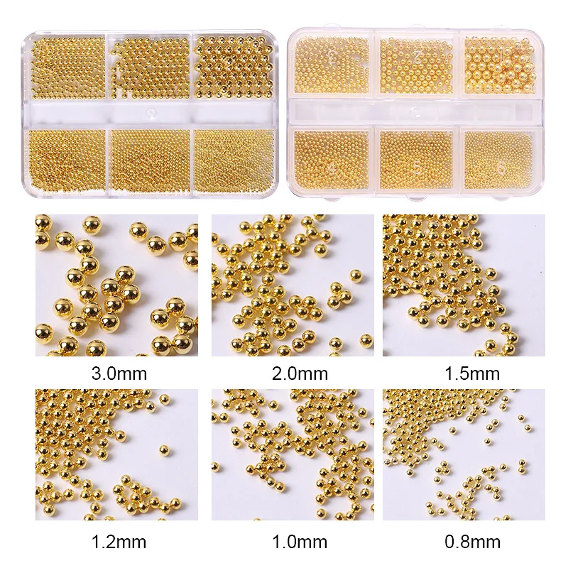 6 Grids/Box Professional Nail Art Stainless Steel Mini Gold and Silver Rose Gold Metal Mini Caviar Nail Beads 3D Decoration DIY