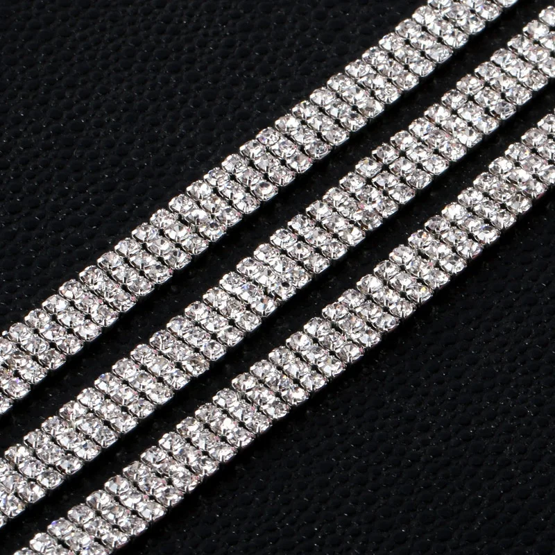 White Single row Double Row Three rows Wide and Dense Glass Crystal Rhinestone Cup Chain With Silver Base