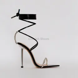 New design patent clear diamante lace up stiletto heels for sexy ladies pointed toe ankle strap fashion women party shoes