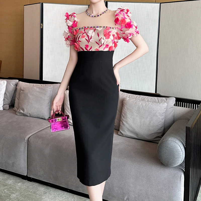 ZYHT 50677 Pink Mesh Ruched 3D Flower Sleeve Lace Stitching French Dress Perspective Split Tight Pencil Dress