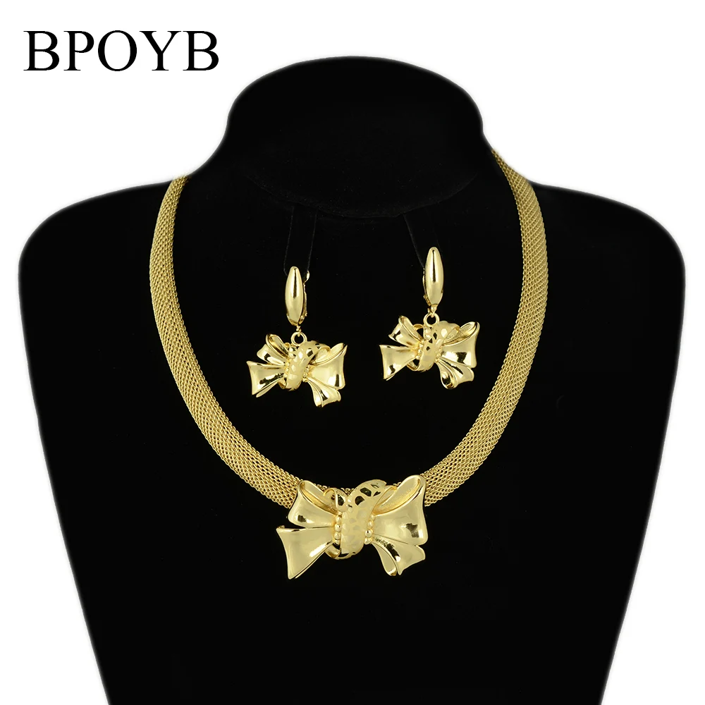 
BPOYB High Quality Luxury African Jewelry Set Dubai Designers 24K Gold Laser Pattern Bowknot Necklace Earrings Cheaper On Sale 