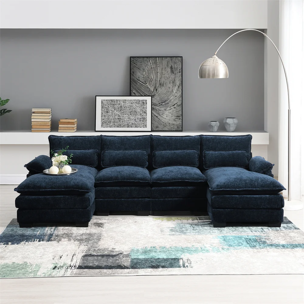 Japanese Dark Blue Sleeper Sofa Couch U-shaped Sectional Sofa with Waist Pillows Double Chaise Lounge for Living Room Apartment