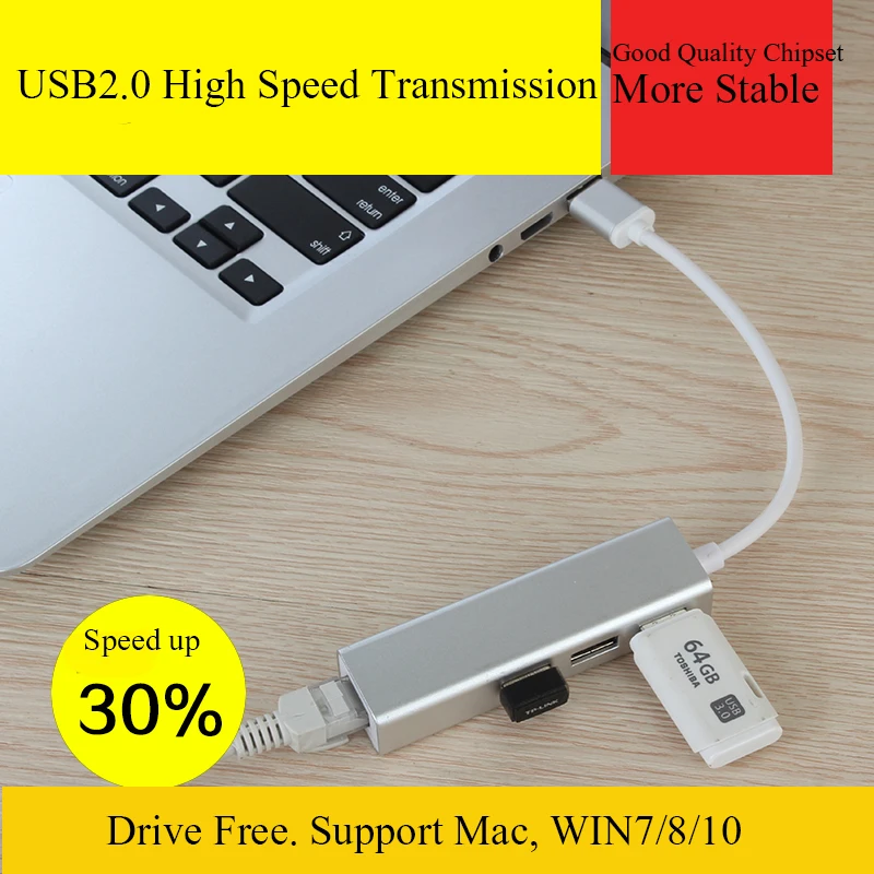  Бесплатный накопитель с 3 портами USB 2 0 Hub для сети RJ45 100M Ethernet Lan
