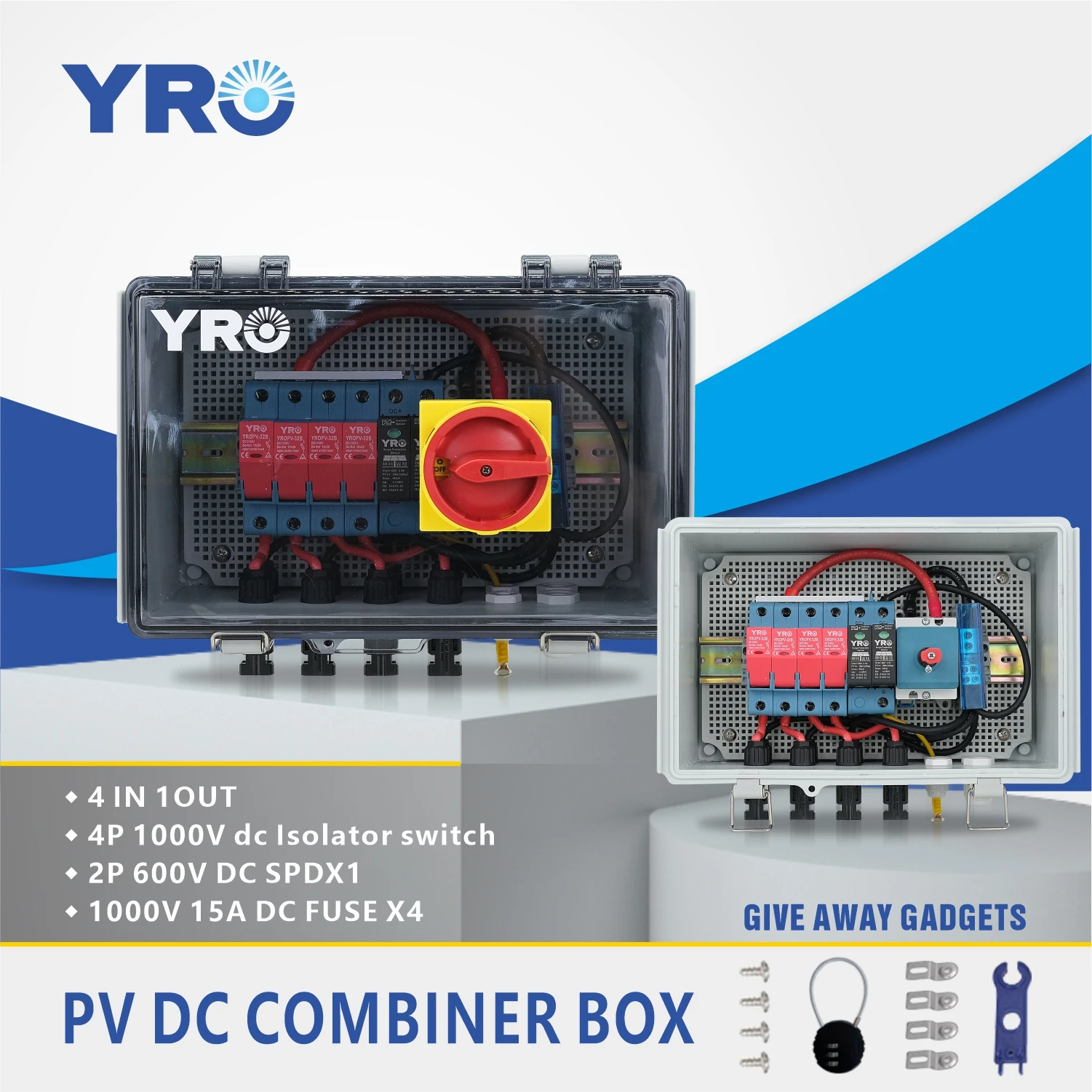 YRO solar pv strings dc combiner box 4 string 1000V with DC isolator switch hot sale for solar Pv safety