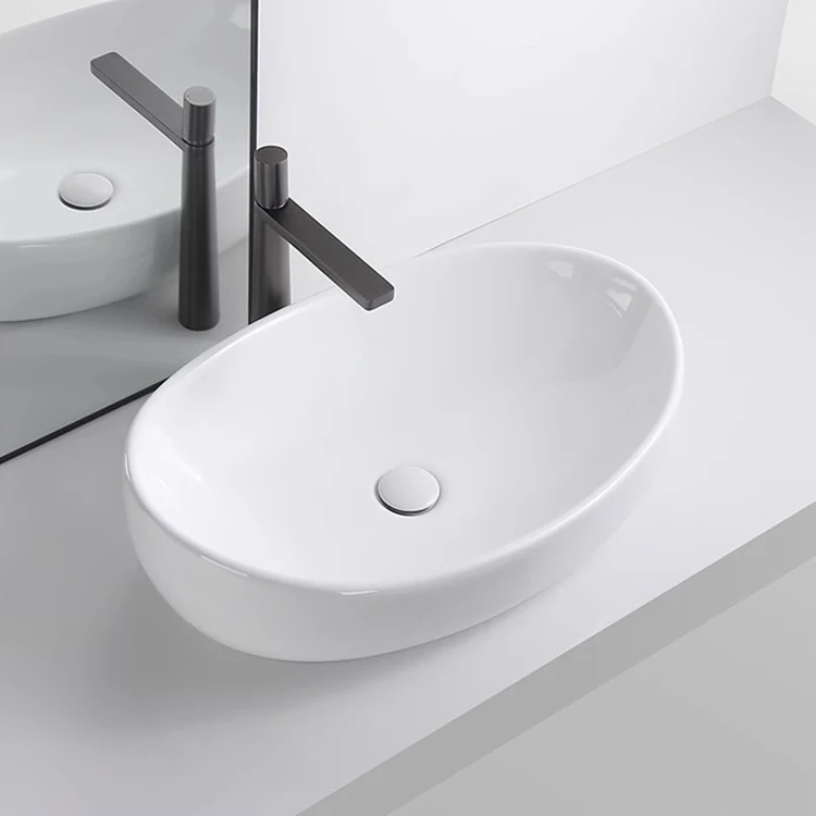 Modern Above Counter Oval White Bathroom Egg Shape Ceramic Table Top Wash Hand Basin Bathroom Vessel Sink