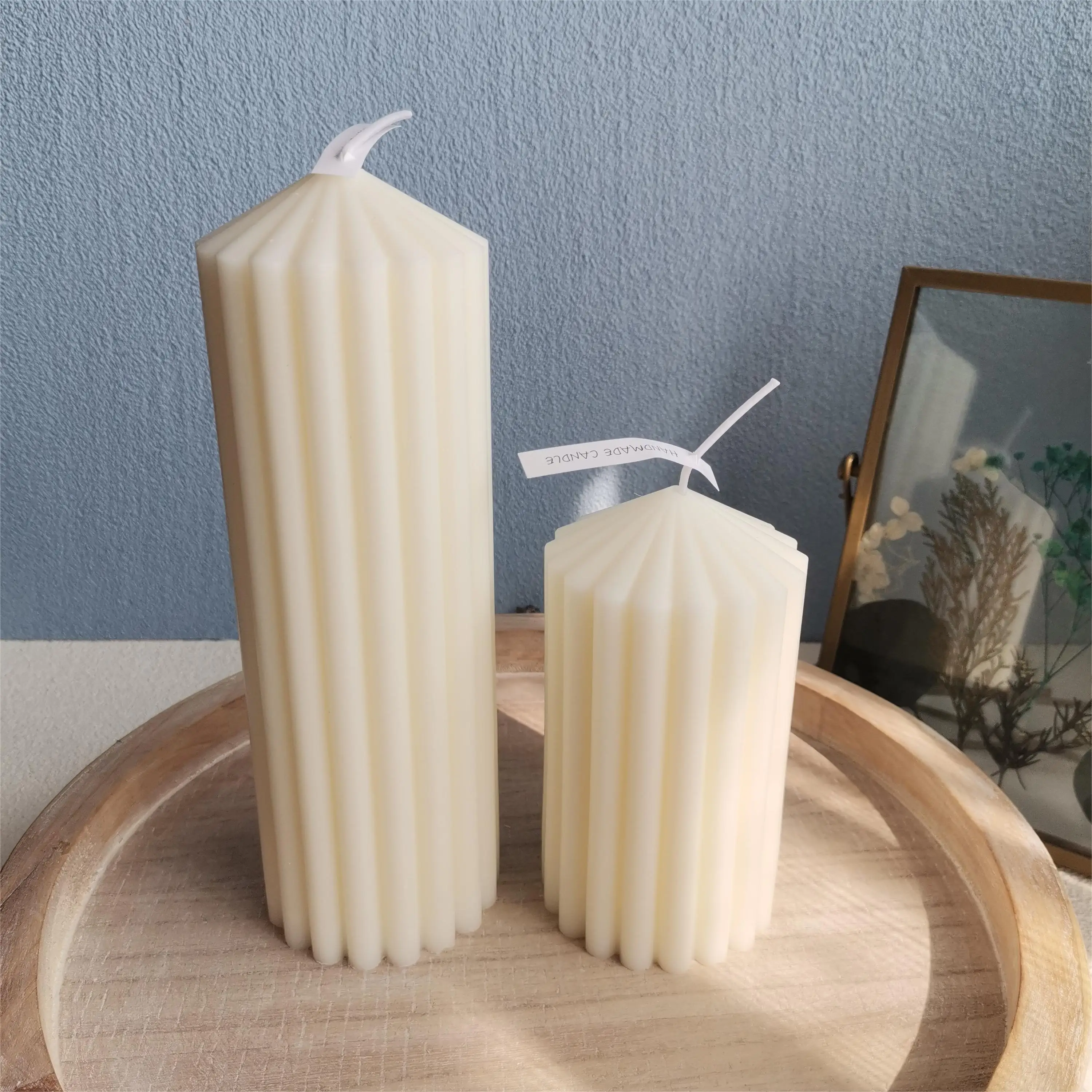 Private Label Bulk Pack White Large Silo Scalloped Ribbed Stripe Pillar Wedding Party Candles