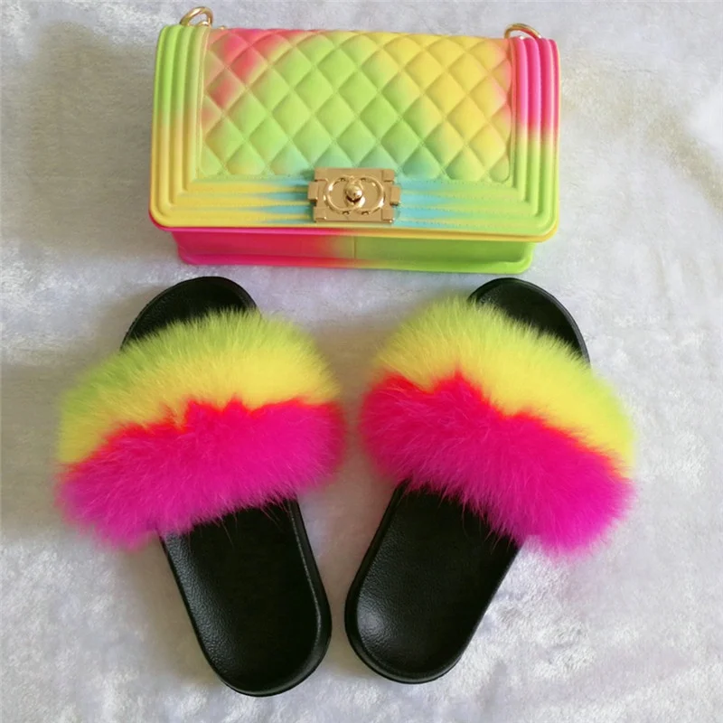 Wholesale Real Fur Slides And Matching Purse Set Rainbow Color Fox Fur Slides Slippers And Cross-body Jelly Bag Set