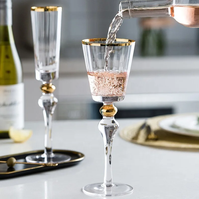 Wedding Party Bar Pumpkin Liqueur Champagne Bubbles Ribbed Colorful Gold-rimmed Gold Double Beaded Crystal Goblet Wine Glass Set