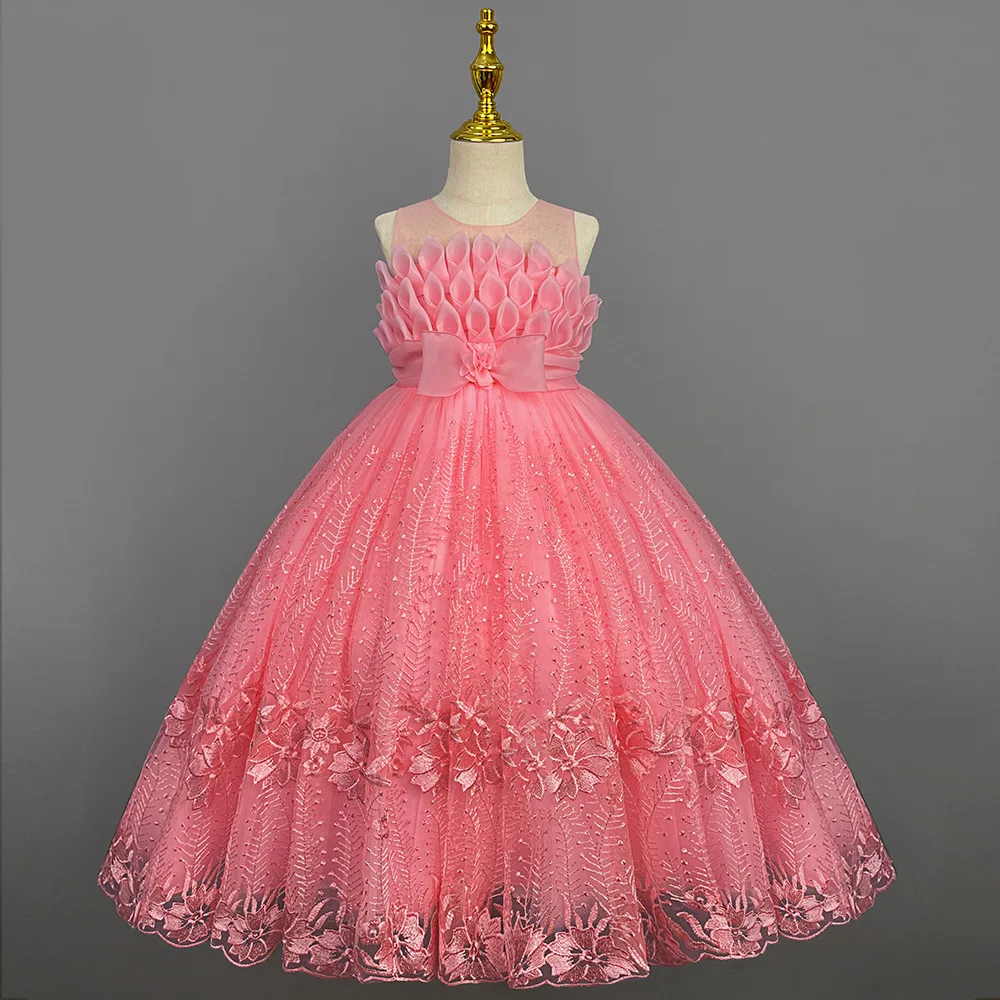 Kids Flower Embroidery Dresses Elegant Princess Lace Girl Dress For Vintage Children Princess Christmas Party Ball Gown