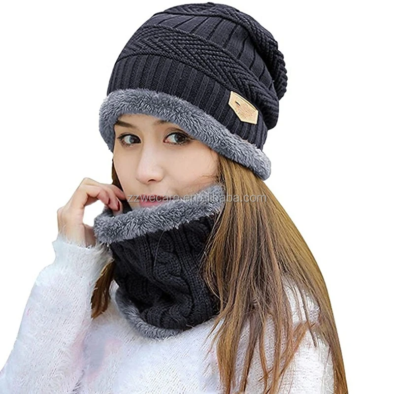 Winter Warm Soft Knitted Velvet Skullies Beanies Hats Scarves Gloves Set for Women Men