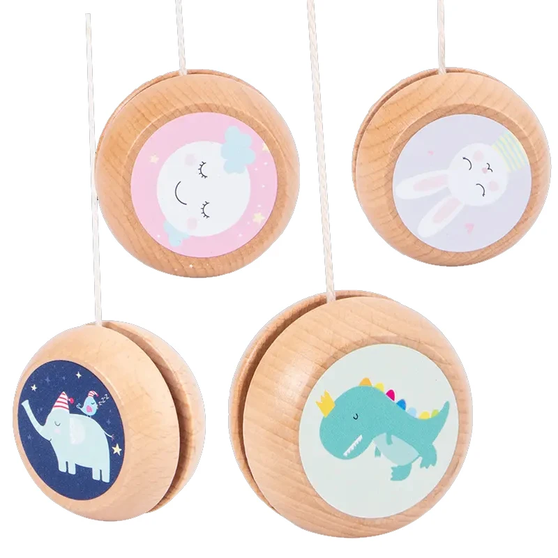 Classic Kids Puzzle Game Revolving Dinosaur Dolphins Cartoon Wood Yoyo Toys Wooden Yo-Yo Ball Toy