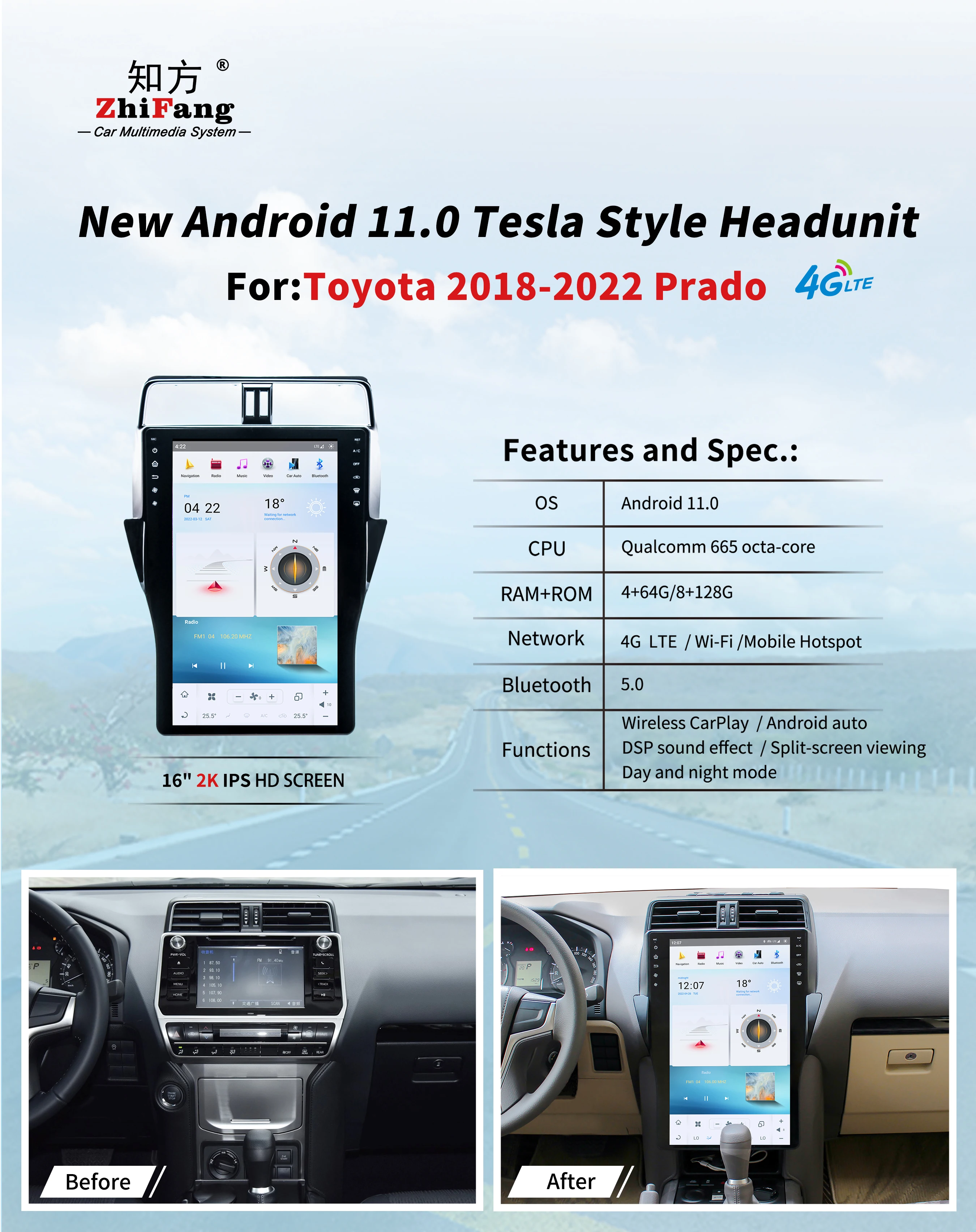 2K 16 inch android 11.0 car video stereo vertical screen dvd player for toyota 2018 Prado car multimedia gps navigation 8/128GB