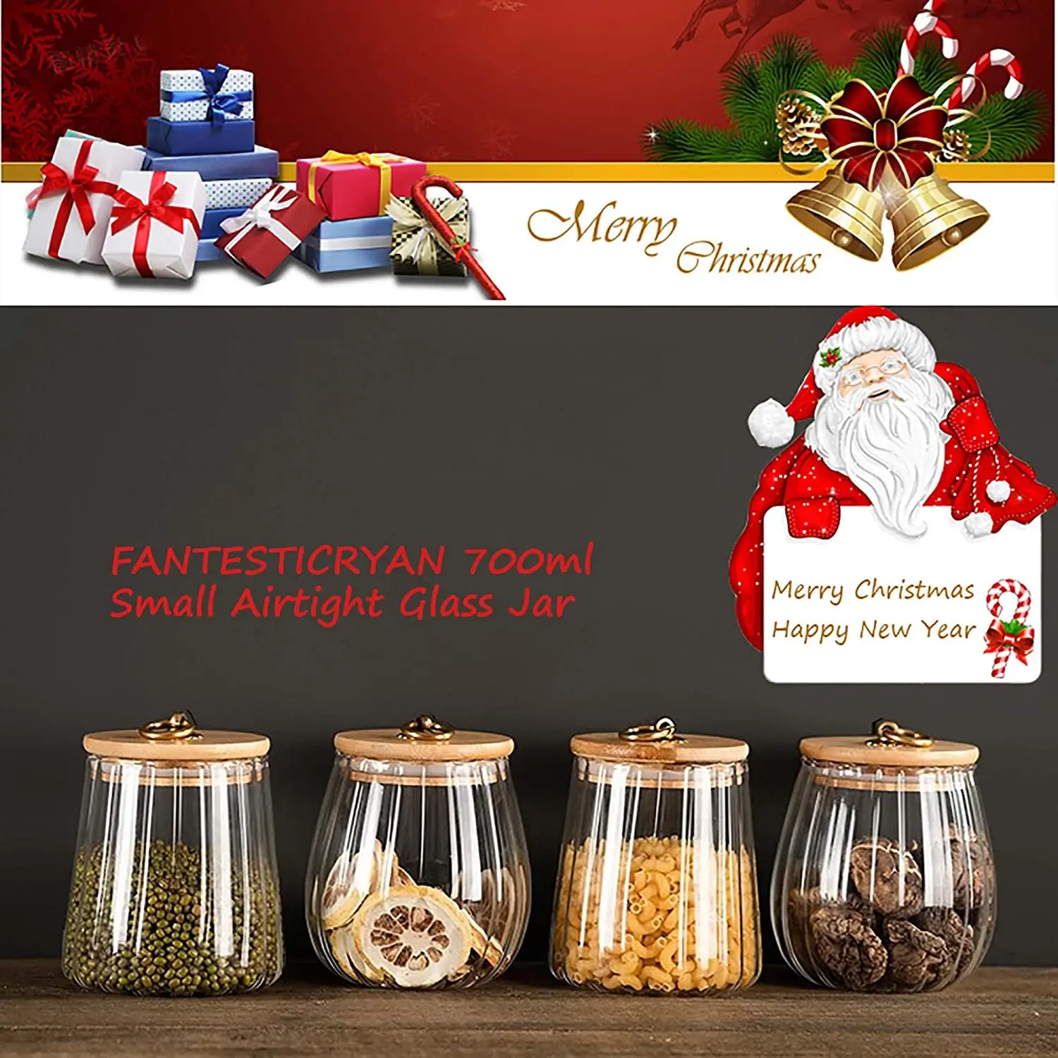 Small Glass Coffee Nuts Canister Airtight Storage Jar Petal Decorative Container with Bamboo Lid Metal Handle Easy to Grasp