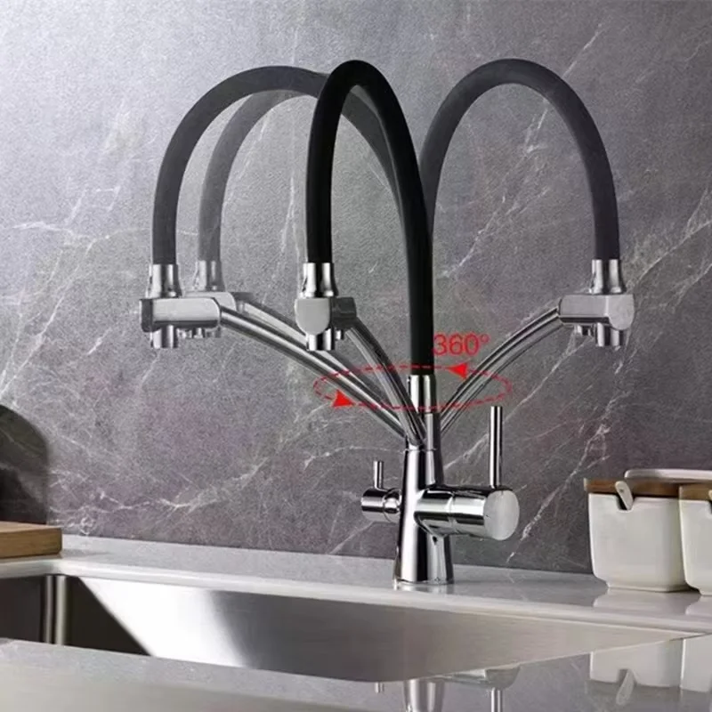 Black Economic Flexible Brass Hot and Cold Water Kitchen Faucet Dual Handle Purification Russia Pull Out Kitchen Tap