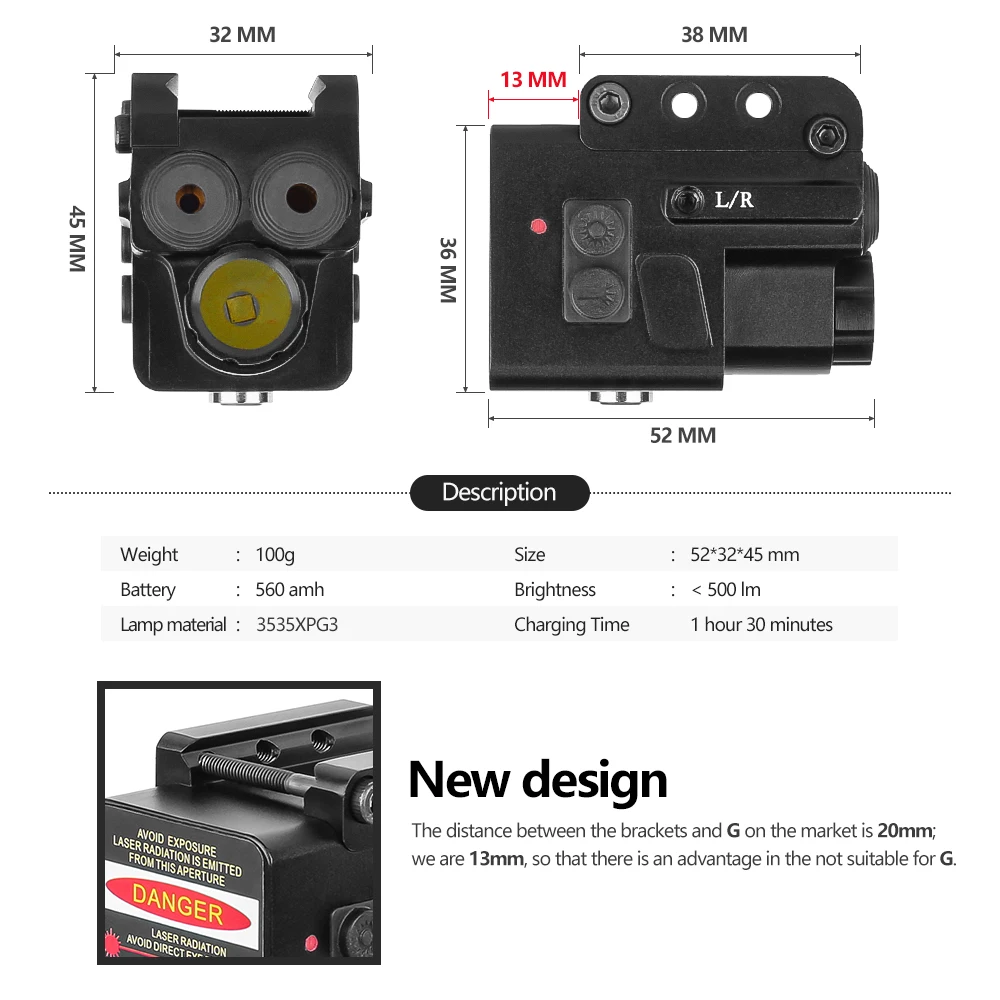 SPINA OPTICS Mini Laser Dual Sight LED Flashlight Color Red/Green/Blue Laser Flashlight for 20 mm standard Mount Accessories