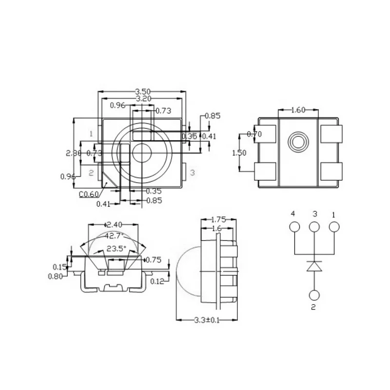PLCC-4 3528 red SMD LED with dome lens diode, small angle, 0.2W, 60mA, for automotive lighting LED