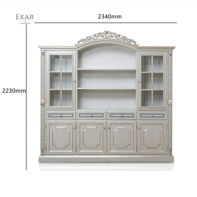 Carved solid wood living room furniture bookcase display cabinet with glass