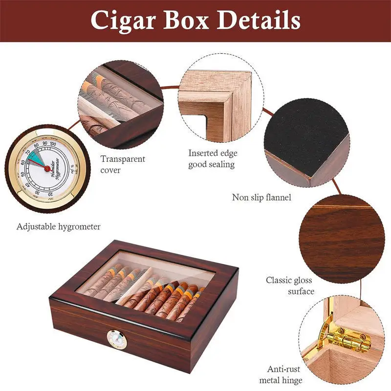 Wooden Cigar Storage Box with Humidifier Hygrometer Removable Divider Wooden Desktop Cigar Humidor