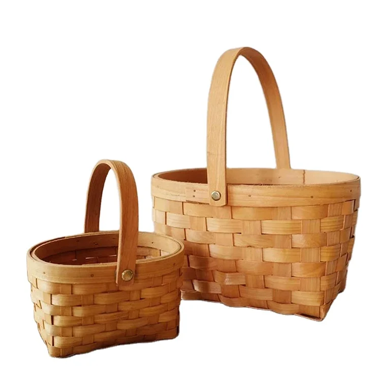 Huangtu 100% Handmade Woven Natural Wooden Basket Picnic Wooden Baskets Toy Storage Basket
