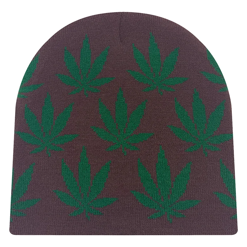 2024 New Men Women Hip Hop Autumn Winter Colorful Green Marijuana  Leaf Jacquard Brimless Knitted Warm Beanie Hat for Unisex