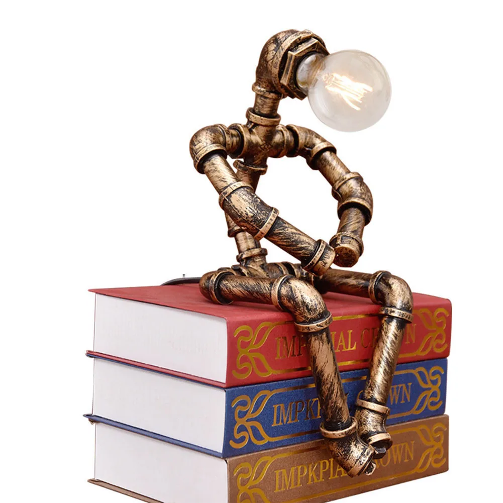 Vintage Table Lamp Retro Industrial Iron Water Pipes Sitting Robot Table Lamp Steampunk Desktop Light